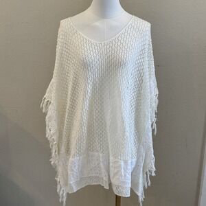 Boho Womens 3X Ivory Open Knit Poncho Kimono Sleeve Beach Floral Lace Hippie New